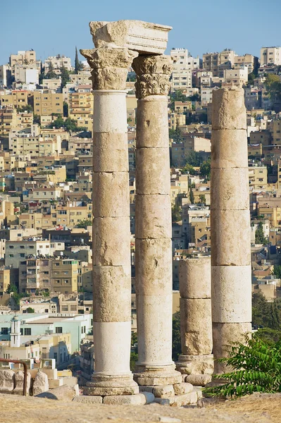 View to the ancient stone columns at the Citadel of Amman with the Amman city at the background in Amman, Jordan.