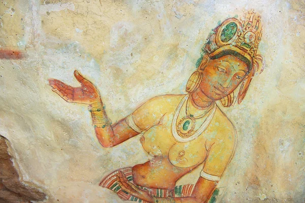 Exterior of the ancient paintings at Sigiriya rock in Sigiriya, Sri Lanka.