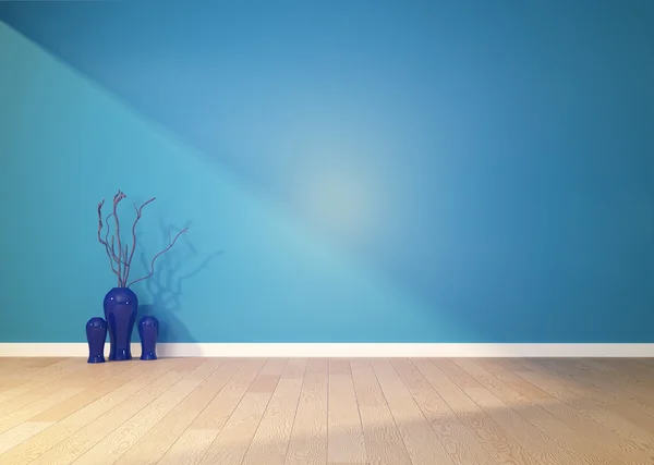 Empty interior with a blue wall and vase. 3D rendering