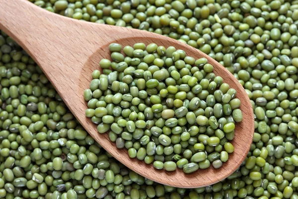 Green mung beans in a wooden spoon