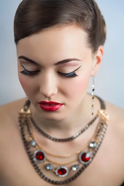 Retro style woman portrait perfect face make up red lips