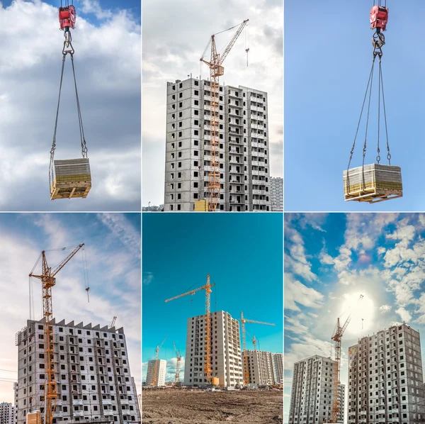 Building landscape and construction cranes. Collage.