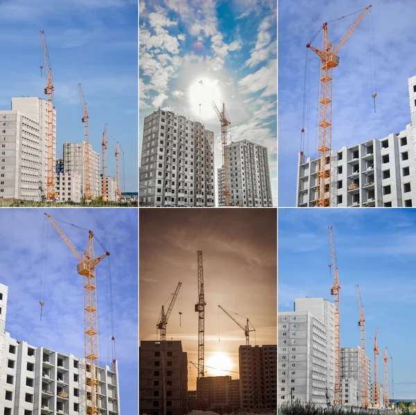 Multistorey housing and big cranes. Collage.