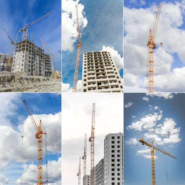 New residential high-rise buildings and powerful crane. Collage.