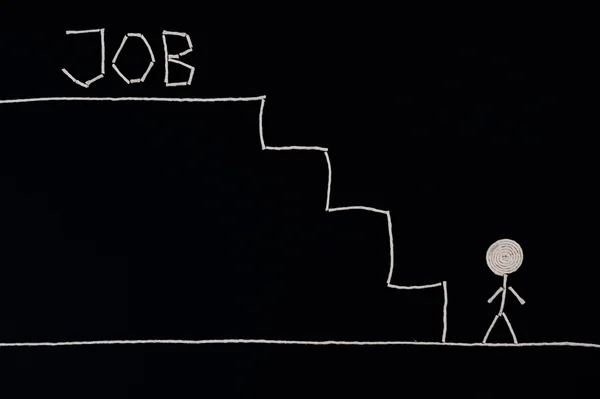 Man at the bottom of the stairs looking for a job, ready to succeed, Unusual concept