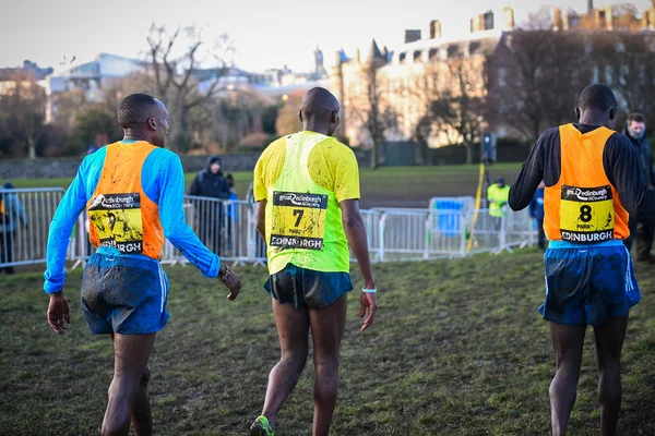 EDINBURGH, SCOTLAND, UK, January 10, 2015 - elite athletes exhausted after the Great Edinburgh Cross Country Run. Men\'s Invitational 4k race was won by last year\'s champion Garrett Heath, USA.