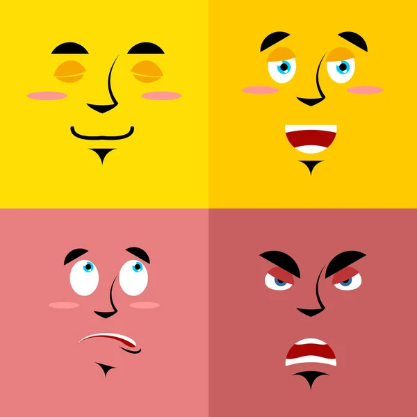 Set of cartoon face with emotions. Red evil character. Yellow ki