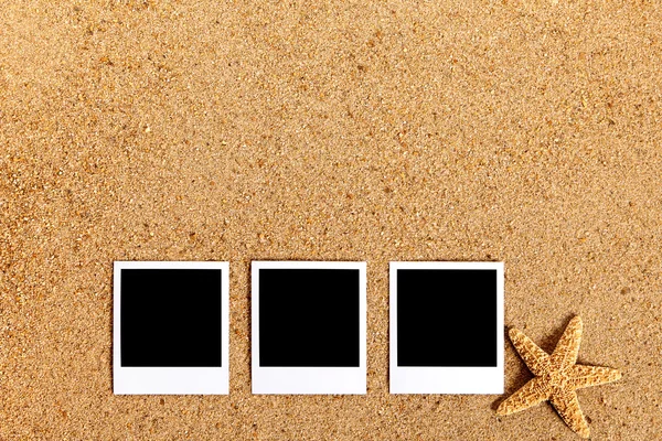 Polaroid photo frames row on summer beach background