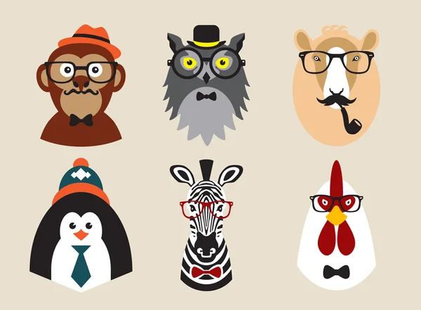 Cute fashion Hipster Animals pets, set of vector icons, illustration