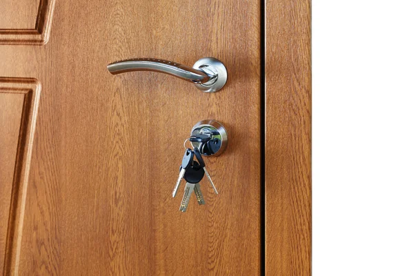 Closed brown wooden door handle with lock.