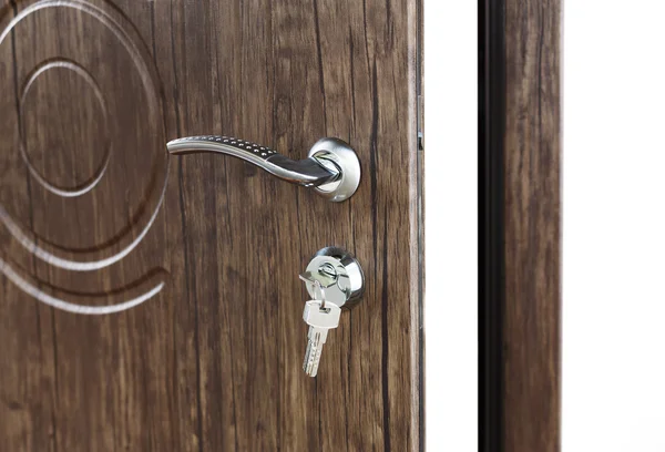 Open brown wooden door handle with lock.