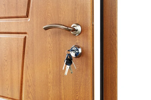 Open brown wooden door handle with lock.