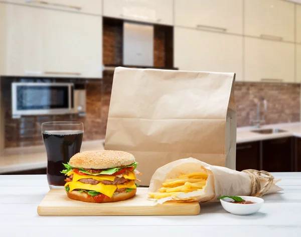 Fast food take away. Hamburger, cola and fries.