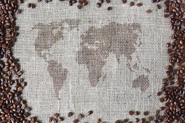 Burlap texture with coffee beans border and world map