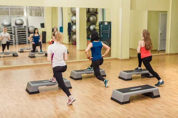 Group of women making step aerobics from the backside