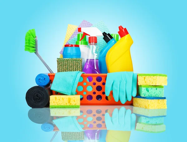 Variety of cleaning supplies in a basket