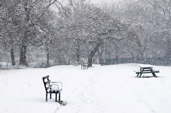 Beautiful winter landscape with snow covered trees. Benches in a park covered with snow. Manchester, England
