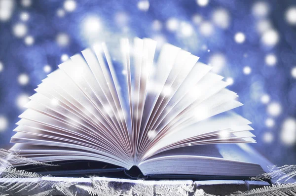 Winter story. Open book on wooden snowy blue background.