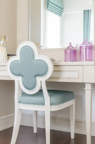 White dressing table with wooden chair