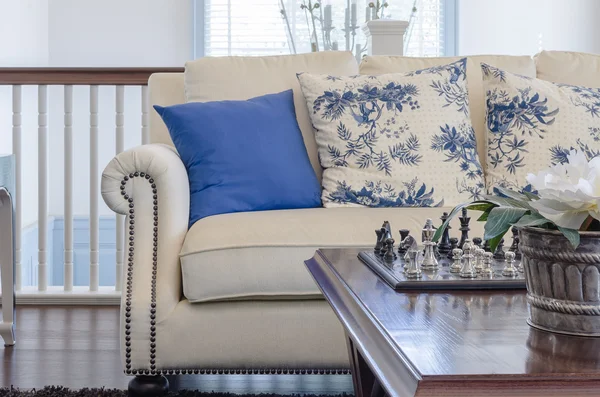 Blue pillw on classic chair style in luxury living room