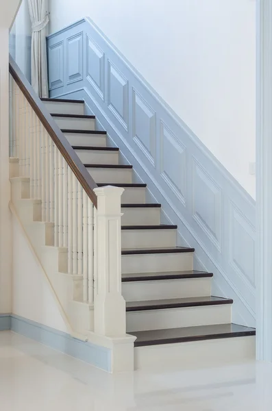 Classic style wooden stair with white railing