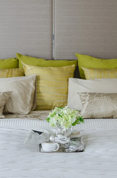 Tray of tea cup and plant in luxury bedroom