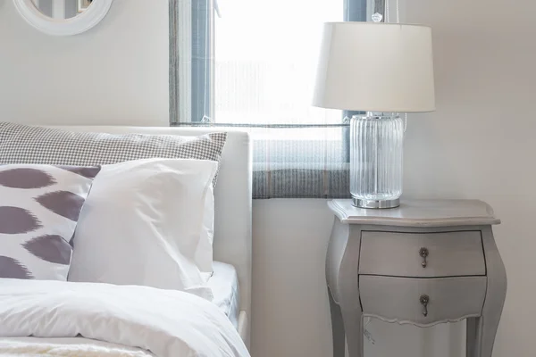 Modern white bedroom with white bed and white lamp