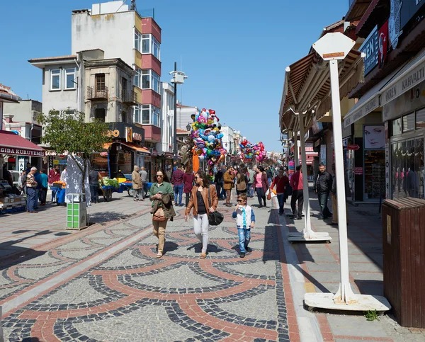 EDIRNE, TUKKEY, 02.04.2016. View to crowded street with shops, hotels, transport and people in Bazaar Edirne