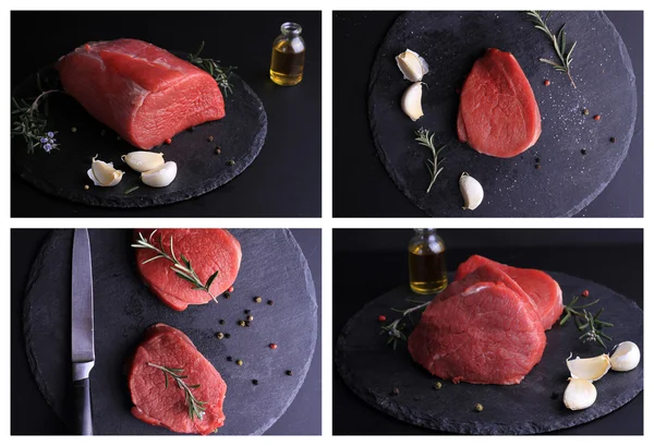 Collage set of raw beef meat on black background. Cooking background