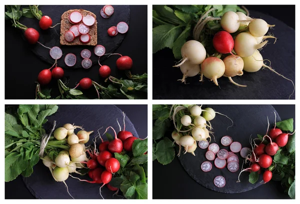 Collage set of Radishes on black background. Fresh, raw, organic vegetables. Cooking, Healthy eating concept.