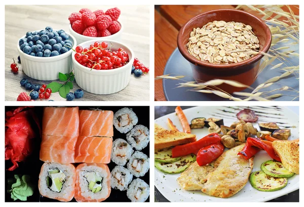 Healthy food background collage. Berries, fruits, cereals, shish, chicken meal, low fat food, diet, weight loss concept