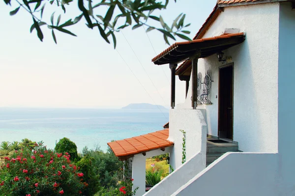 Idyllic Greek house, villa, by the sea , between olive trees, Greece, holiday, Sithonia, vacation, panoramic view, beautiful mediterranean landscape