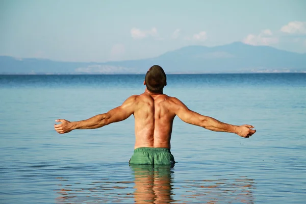 Man Raising His Hands or Open arms standing back looking to sea blue sky horizon. Strong muscular Men, perfect body, arms, back. Freedom Concept