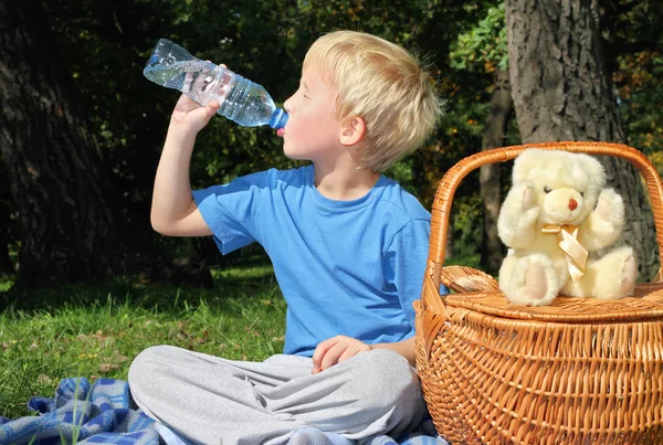Outdoor portrait of 5 year old boy drinking water from bottle in park.   Picnic, Family,holiday, weekend concept