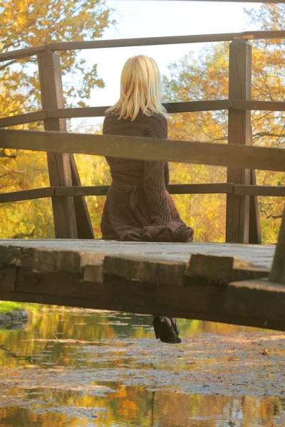 Beautifull cozy woman relaxing in autumn park , enjoying view on forest lake. Meditation and relaxation concept