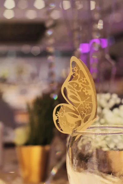 Paper Butterfly decoration. Golden autumn wedding table decoration.Table, Wine Glass, Mark. Fall Wedding Table Decor. New Year's Eve Wedding. Glamorous Event, celebration, Party in Gold