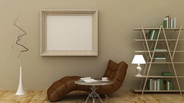 Empty picture frames in classic interior background on the decorative painted wall with wooden floor. Privat library with chair and floor lamp. Copy space image. 3d render