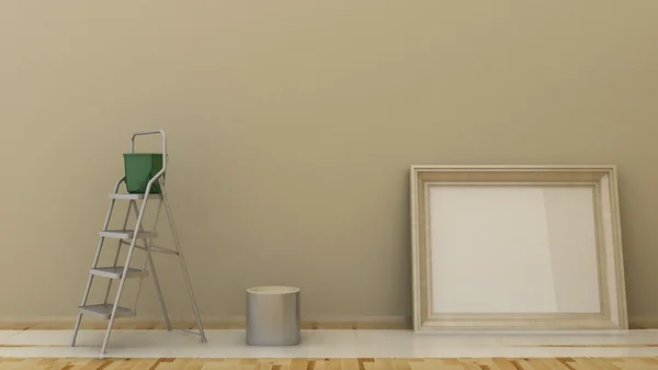 Empty picture frame in classic interior background on the decorative painted wall with wooden floor. Painting with ladders, can and bucket. Copy space image. 3d render