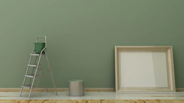 Empty picture frame in classic interior background on the decorative painted wall with wooden floor. Painting with ladders, can and bucket. Copy space image. 3d render