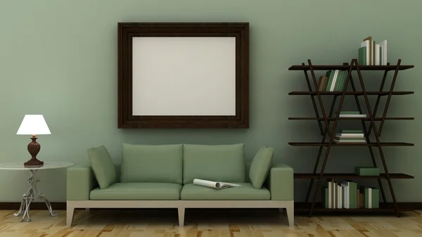 Empty picture frames in classic interior background on the decorative painted wall with wooden floor. Copy space image. 3d render