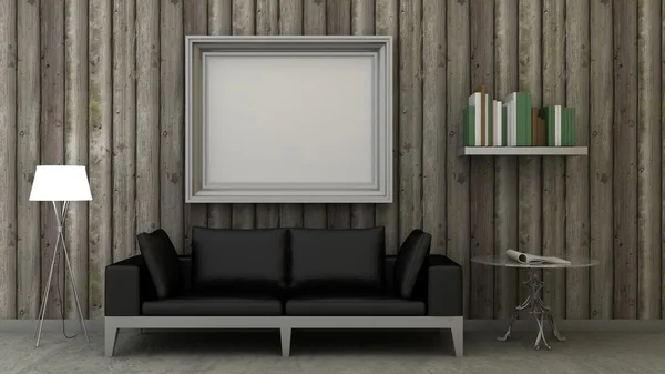 Empty picture frames in classic interior background on the decorative vintage wooden wall with concrete floor. Copy space image. 3d render