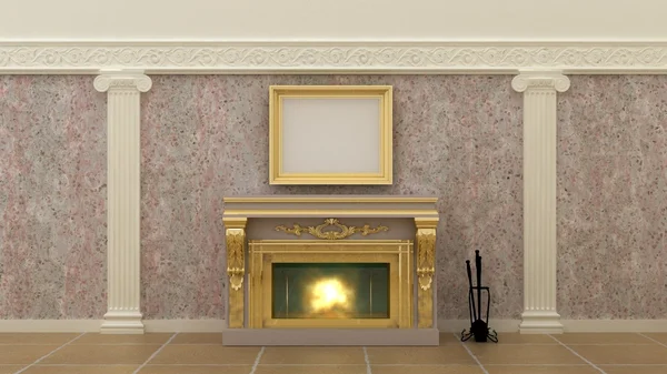 Empty picture above fireplace in classic luxury interior background on the granite wall with plaster decoration ionic greek elements and columns with travertino marble floor. Copy space image. 3d rend