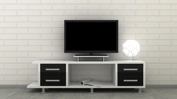 Empty LED TV on television shelf in classic interior background with white brick wall and concrete floor. Copy space image. 3d render