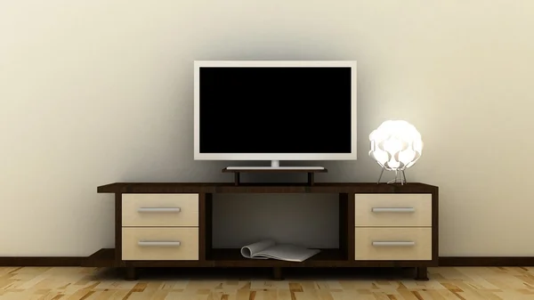 Empty LED TV on television shelf in classic interior background with decorative paint wall and wooden floor. Copy space image. 3d render