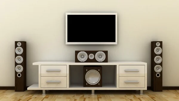Empty LED TV on television shelf with home theater, cynema sound speker system in modern, classic interior background with white decorative paint wall and wooden floor. Copy space image. 3d render