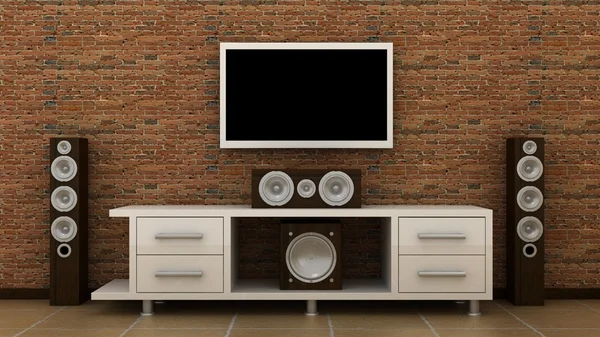 Empty LED TV on television shelf with home theater, cynema sound speker system in modern, classic interior background with brick wall and marble floor. Copy space image. 3d render