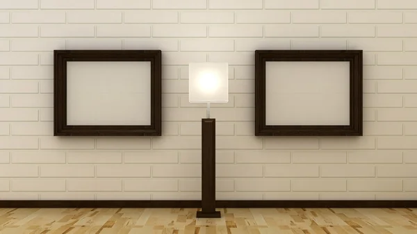 Empty picture frames in classic interior background on the decorative brik wall with wooden floor. Copy space image. 3d render