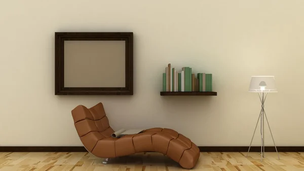 Empty picture frames in classic interior background on the decorative painted wall with wooden floor. Privat library with chair and floor lamp. Copy space image. 3d render