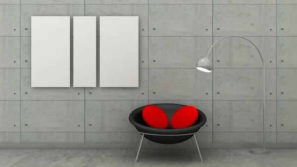 Empty picture frames in modern interior background on the concrete tiled wall with concrete floor. Copy space image. 3d render