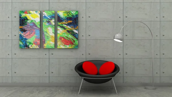 Pictures in modern interior background on the concrete tiled wall with concrete floor. Copy space image. 3d render